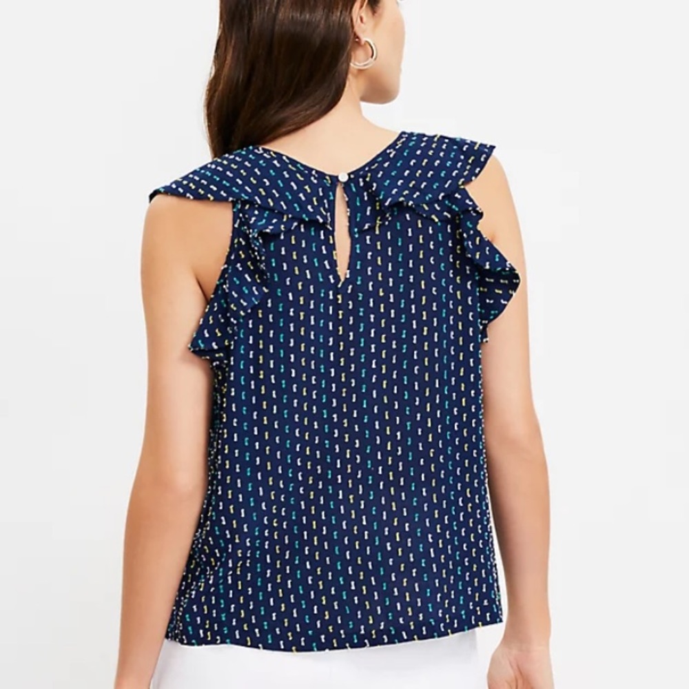 LOFT Clip Ruffle V-Back Shell in Multi Navy size Medium - Picture 10 of 11